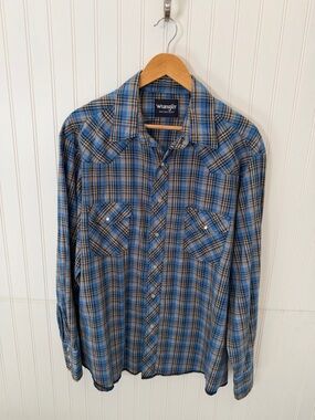 Vintage Wrangler Wrancher Pearl Snap Blue Checkered Western Rodeo Shirt Men's XL